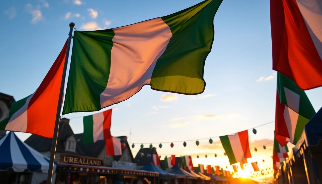 Showcasing custom flags Ireland waving proudly at a vibrant local festival, celebrating culture and unity.