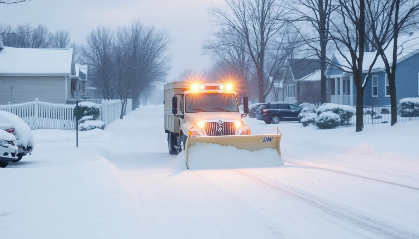 Snow removal service clearing a driveway with a snowplow in a residential area during winter.