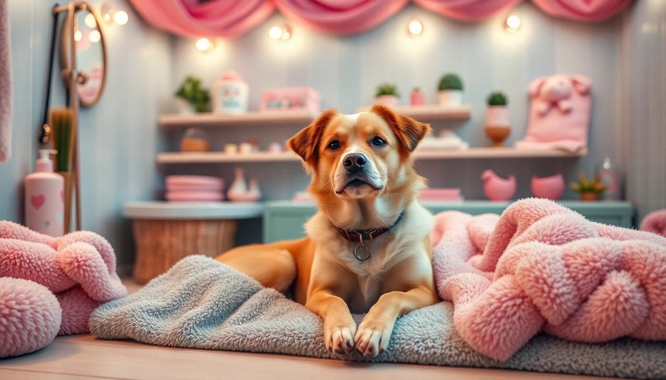 Pamper your pet in a luxurious spa atmosphere, showcasing a relaxed dog surrounded by plush comforts.