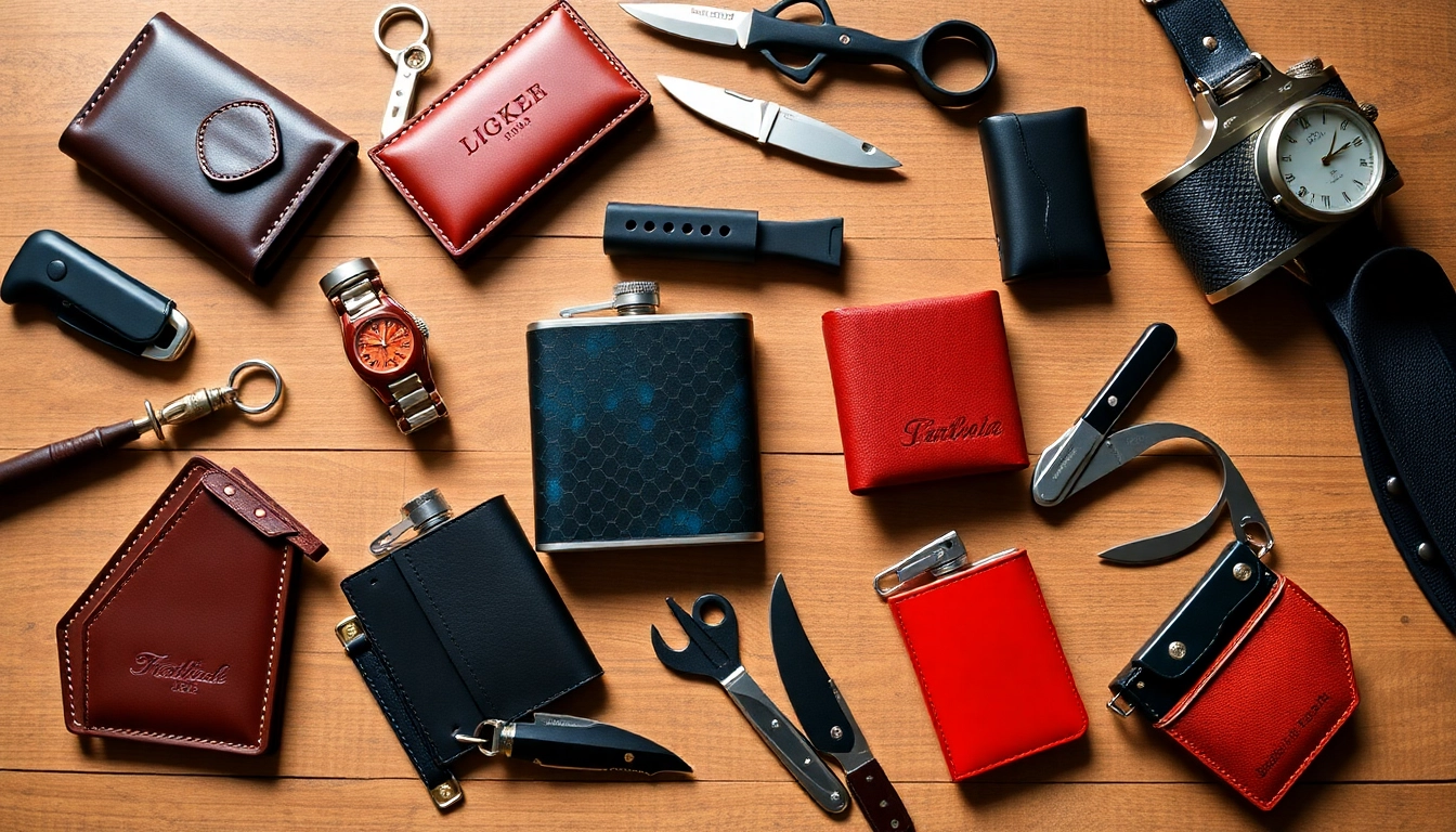 Discover unique cheap groomsmen gifts like personalized wallets and stylish flasks arranged attractively.