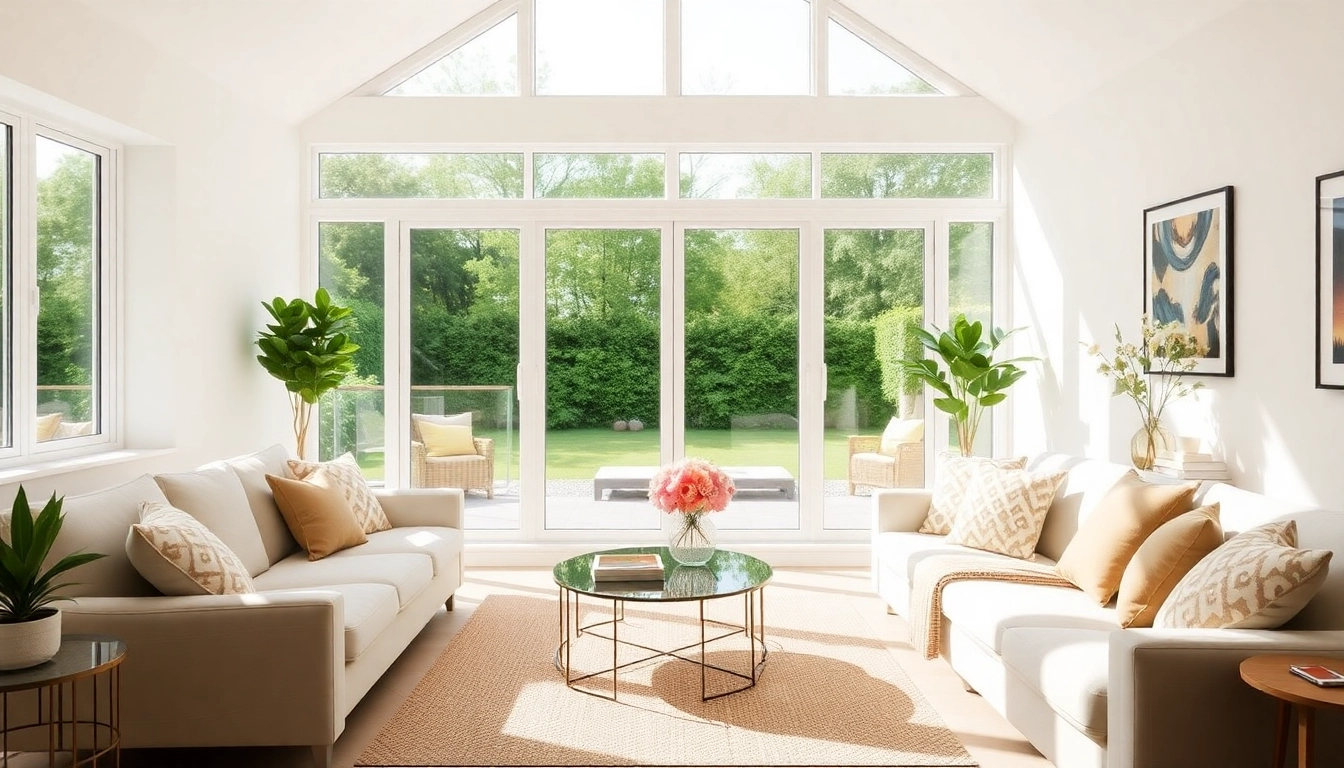 Modern replacement windows from window companies Manchester illuminate a cozy living room.