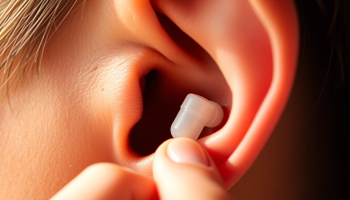 Inserting a soft ear plug in ear for effective noise reduction and comfort.