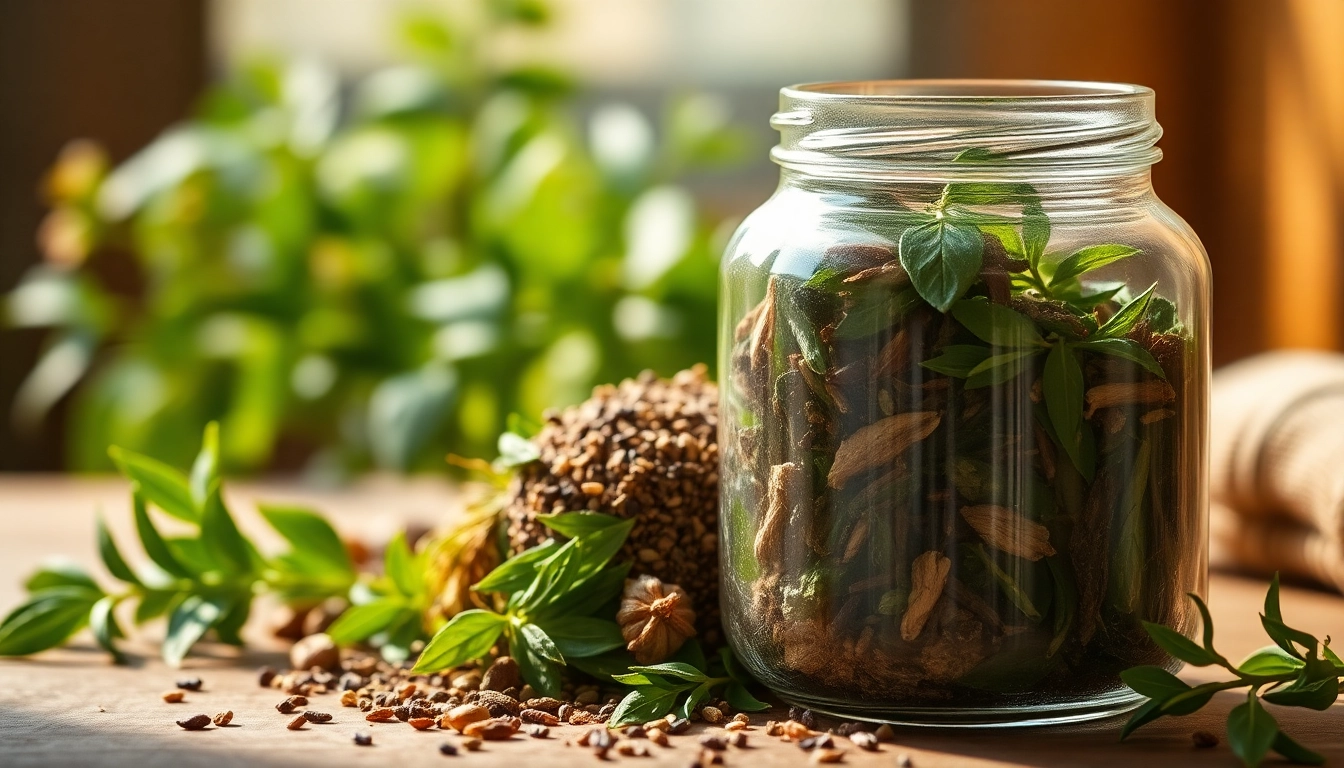 Explore the unique textures of an Alternative Smoking Blend displayed in a rustic glass jar.