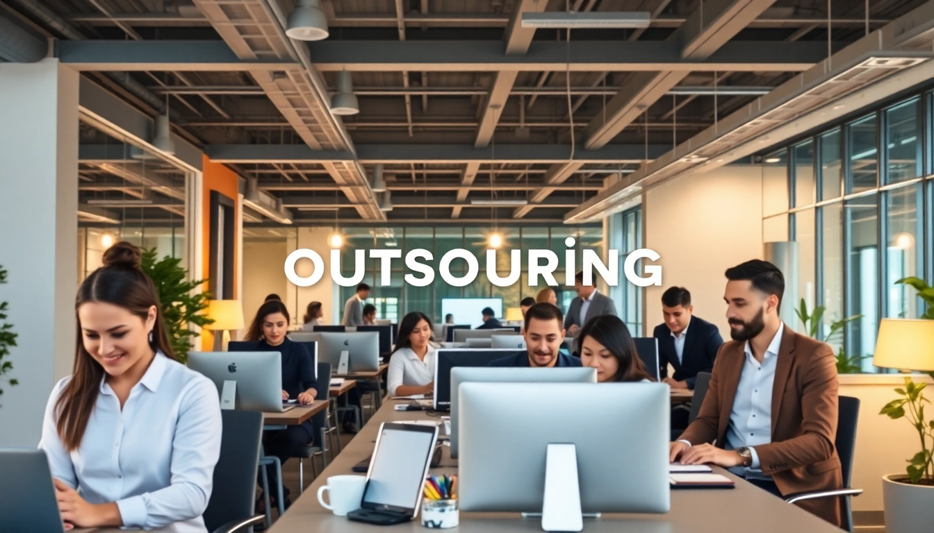 Outsourcing professionals collaborating in a modern office setting, showcasing teamwork and efficiency.