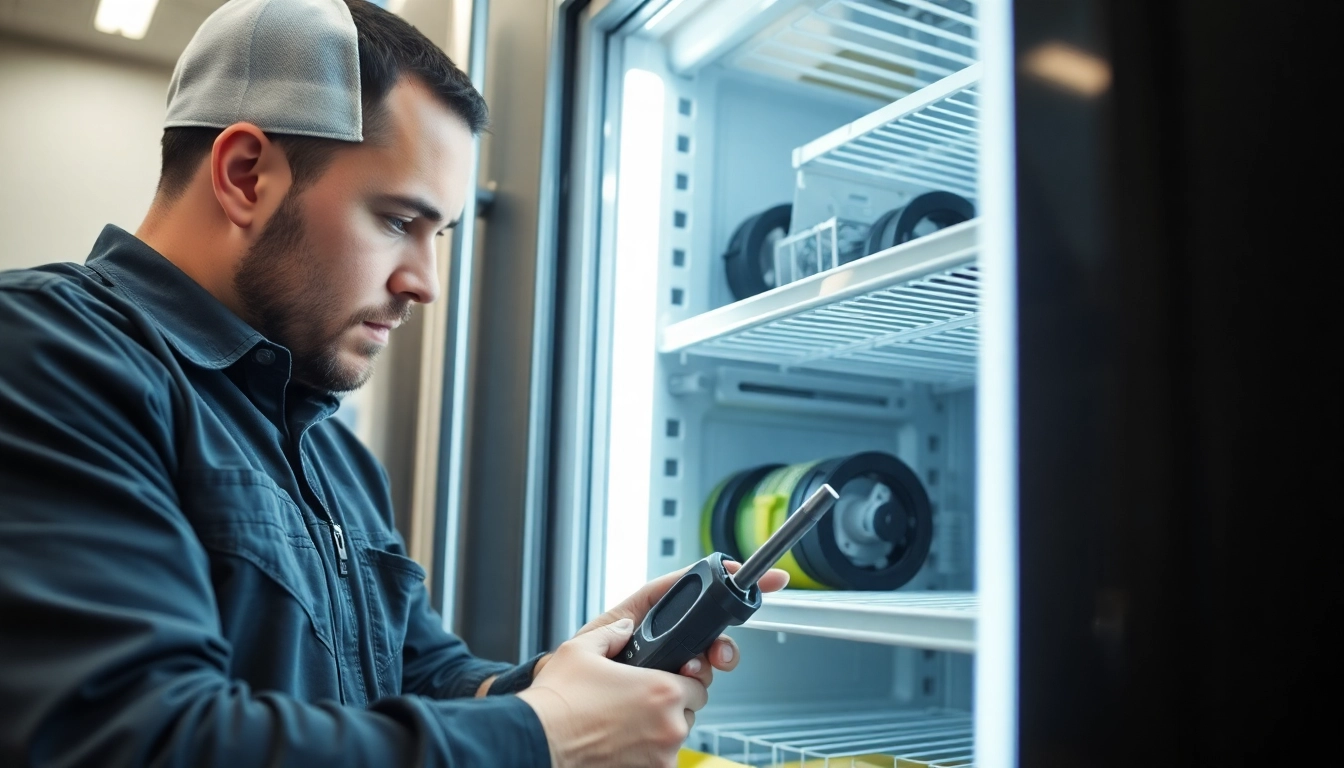 Technician engaged in beverage cooler repair, demonstrating expert skills with tools.