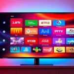 Experience a free iptv trial featuring a vibrant display of various channels on a sleek TV screen.