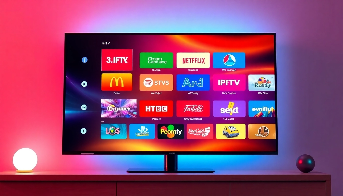 Experience a free iptv trial featuring a vibrant display of various channels on a sleek TV screen.