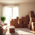 Efficient home removals in West Yorkshire illustrated by a cozy living room packed with organized boxes.