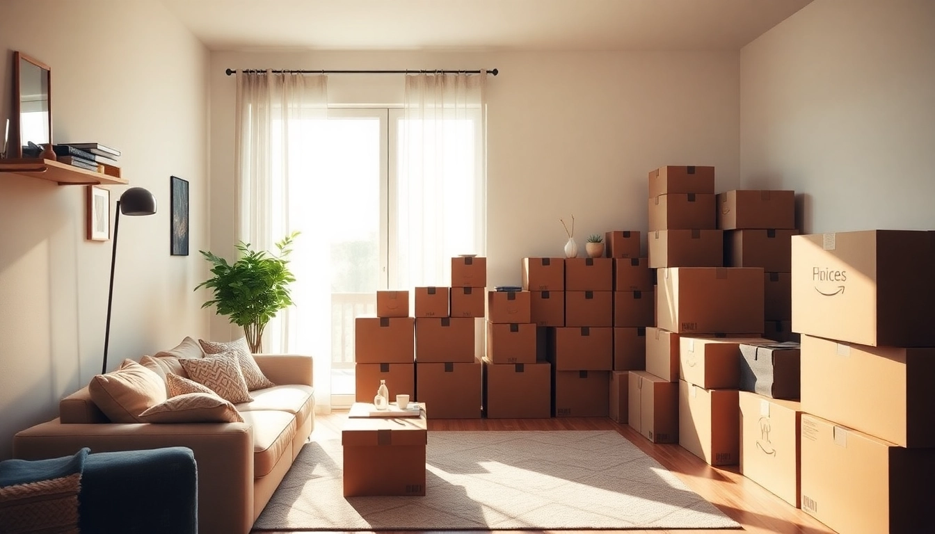 Efficient home removals in West Yorkshire illustrated by a cozy living room packed with organized boxes.