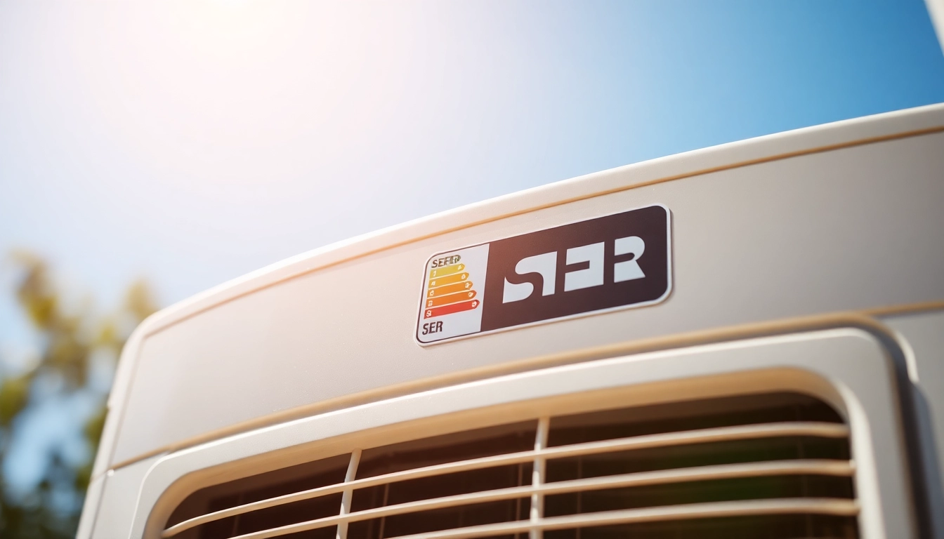 Highlighting what is a seer rating on air conditioners by showcasing a clear SEER label on a modern AC unit.