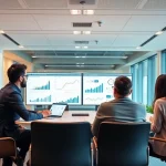 Visualize a competitive intelligence company meeting where experts analyze data and strategies for business growth.