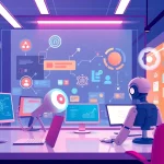 Showcase of innovative AI marketing tools enhancing business processes in a vibrant digital workspace.