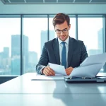 Créer holding Luxembourg SOPARFI dans un bureau moderne avec un entrepreneur sérieux examinant des documents.
