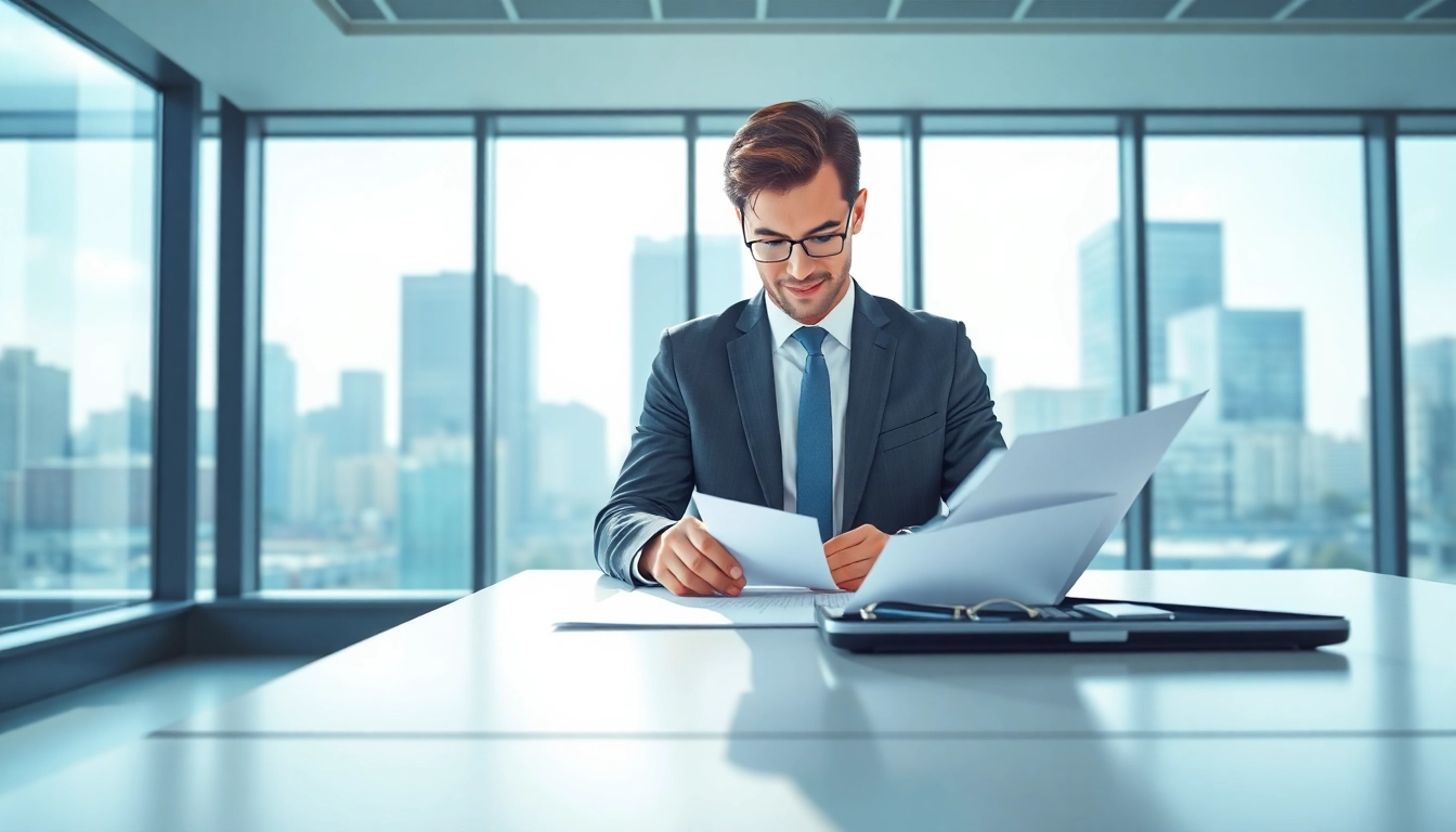 Créer holding Luxembourg SOPARFI dans un bureau moderne avec un entrepreneur sérieux examinant des documents.