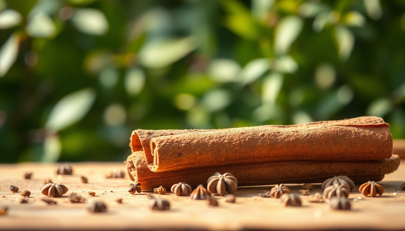 Cinnamon Bark displayed prominently among spices, highlighting its rich texture and natural beauty.