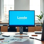 Showcase of AI business branding workspace with professional logo design in a modern office setting.