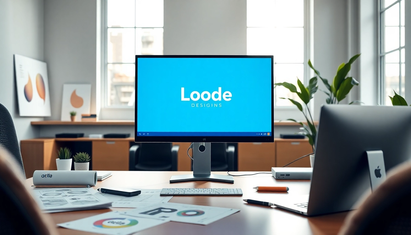 Showcase of AI business branding workspace with professional logo design in a modern office setting.
