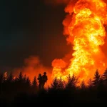 Firefighters managing wildfire events in a forest with flames and smoke background.