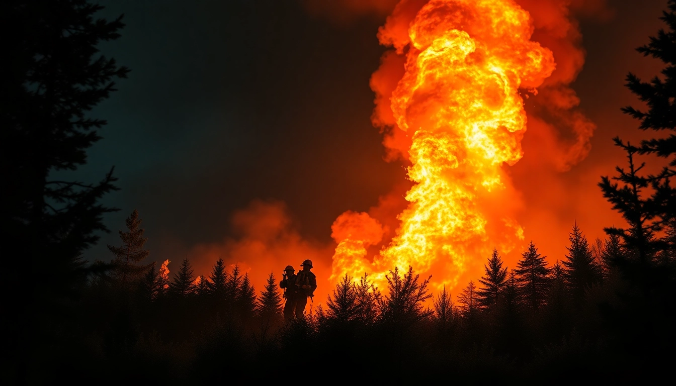 Firefighters managing wildfire events in a forest with flames and smoke background.