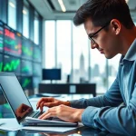 Analyze trade futures data in a modern office with engaging market visuals.