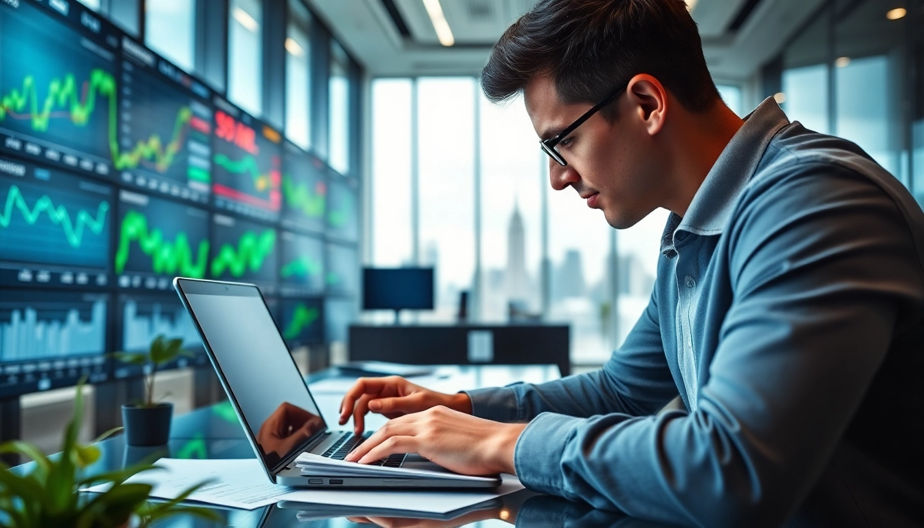Analyze trade futures data in a modern office with engaging market visuals.