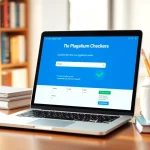Engaging plagiarism checker tool displayed on a laptop screen for academic writing.