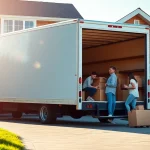 Engaging scene of a family during their Umzug Erlangen, unpacking boxes from a moving truck in a sunny setting.
