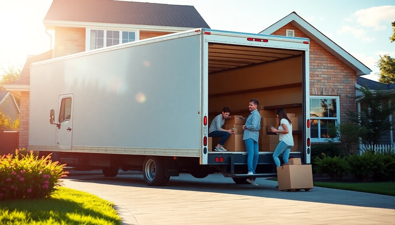 Engaging scene of a family during their Umzug Erlangen, unpacking boxes from a moving truck in a sunny setting.