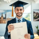 Showcasing a professional with an original university degree UK in a modern office, celebrating academic achievement.