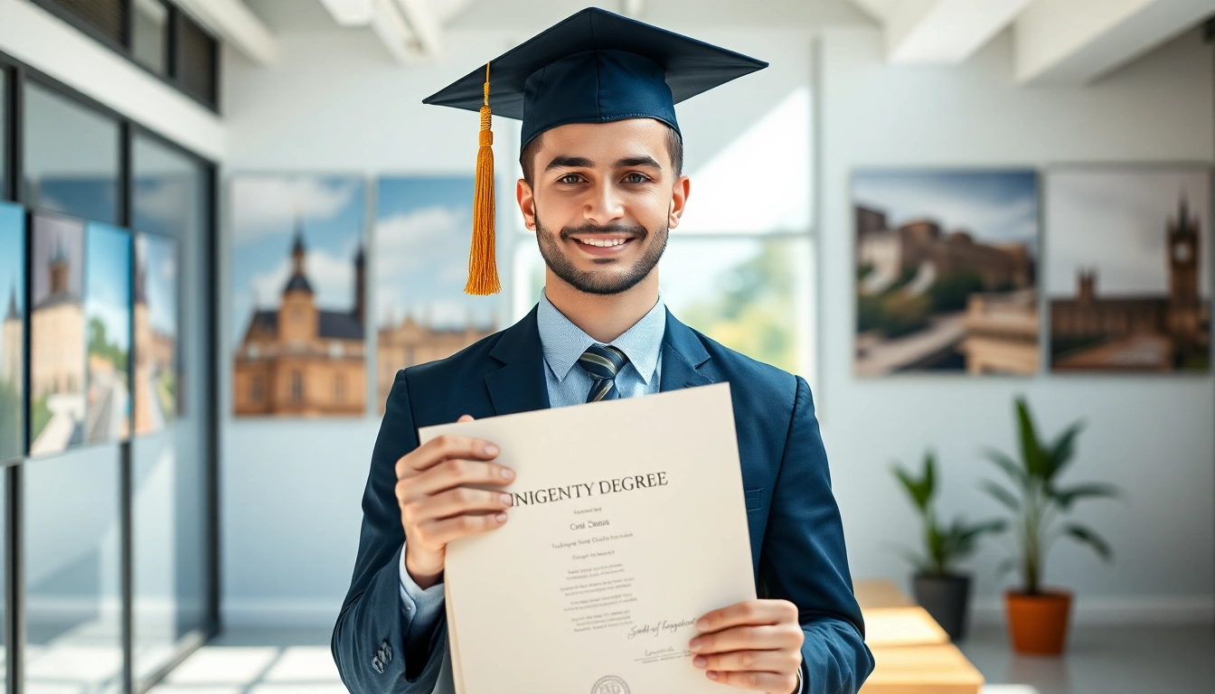 Showcasing a professional with an original university degree UK in a modern office, celebrating academic achievement.