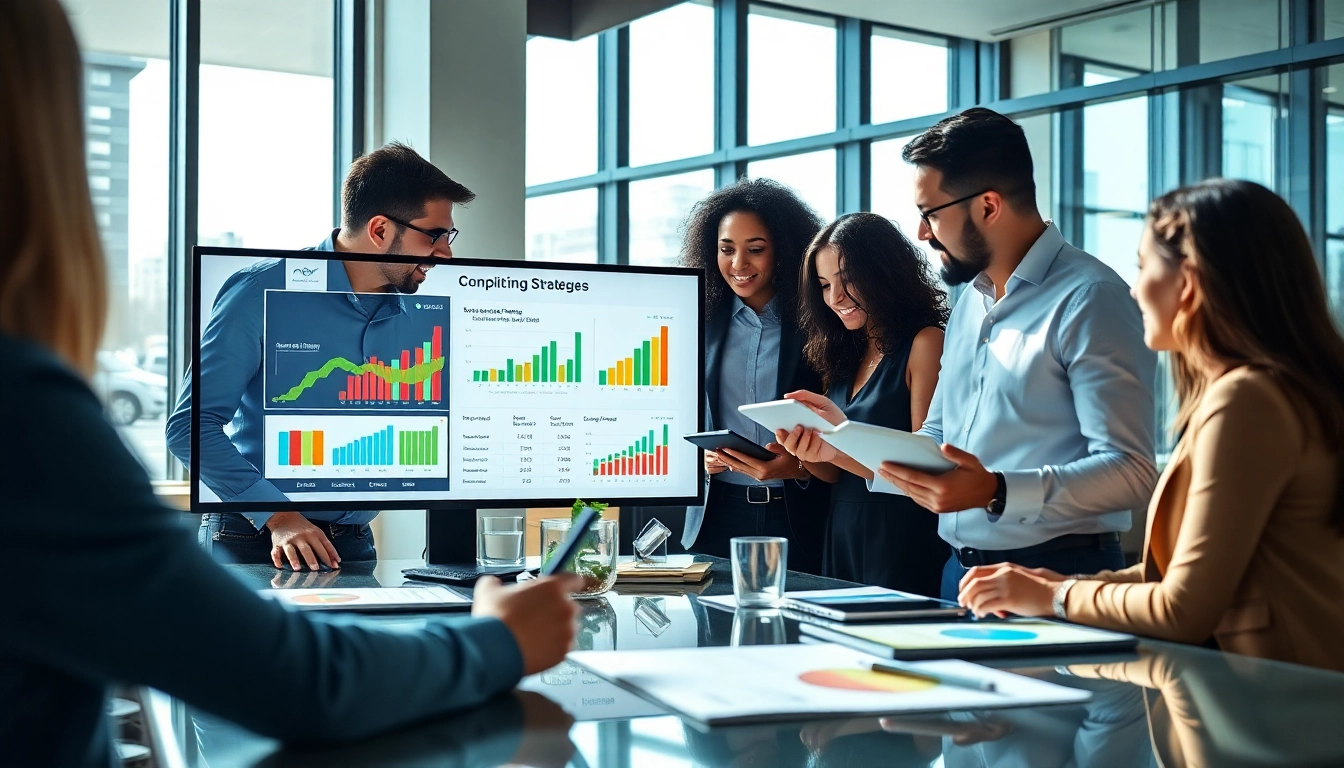 Find competitor pricing strategies with market analysts collaborating in a modern office.