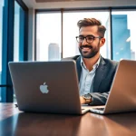BasedChadHQ showcasing a focused entrepreneur in a vibrant modern office setting.