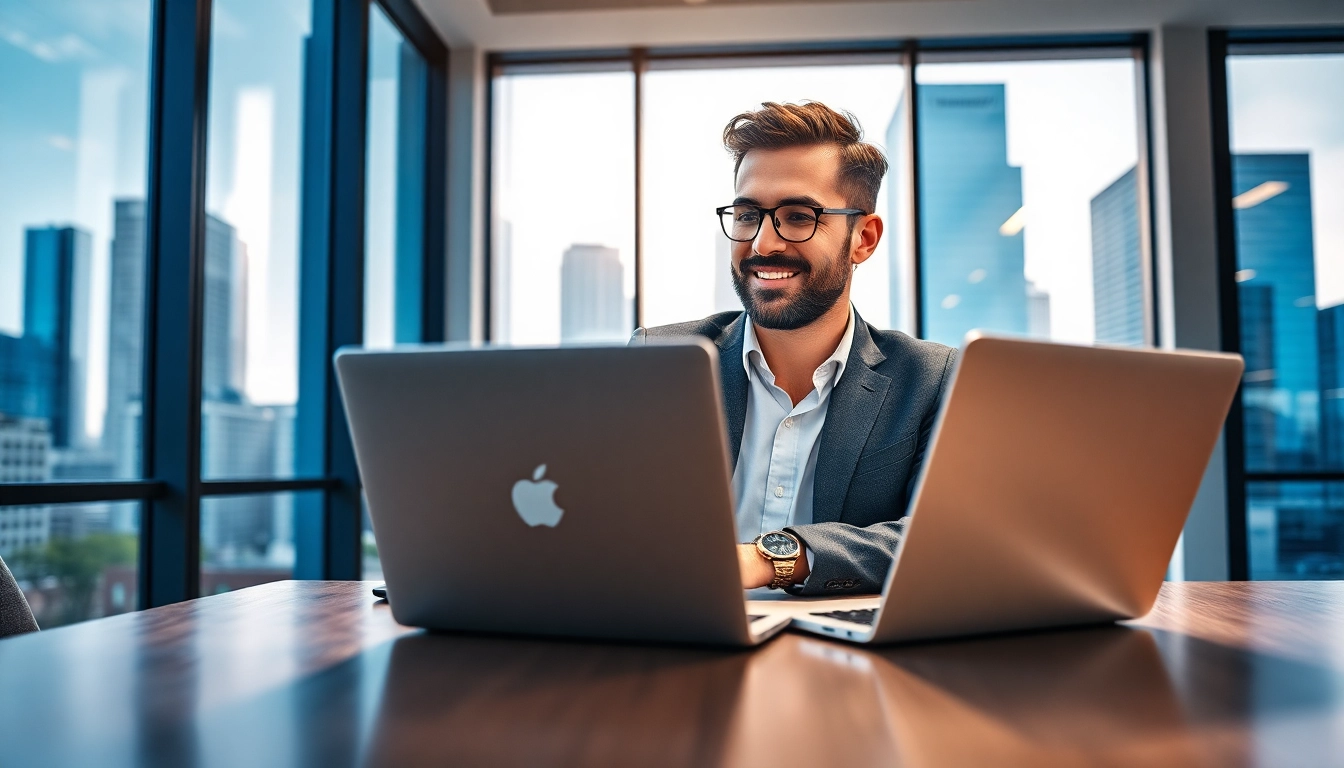 BasedChadHQ showcasing a focused entrepreneur in a vibrant modern office setting.