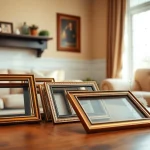 Display vintage frames artfully arranged on a rustic table in a cozy living room.