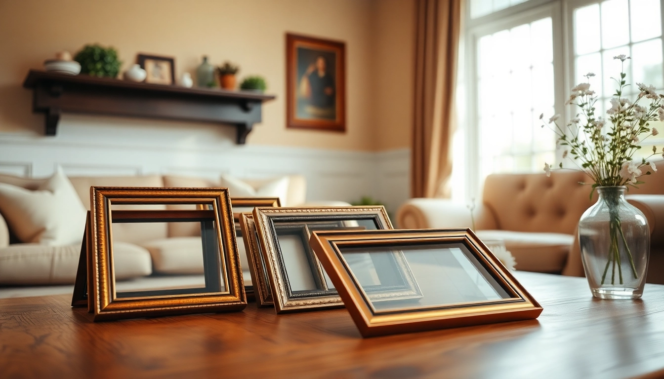 Display vintage frames artfully arranged on a rustic table in a cozy living room.