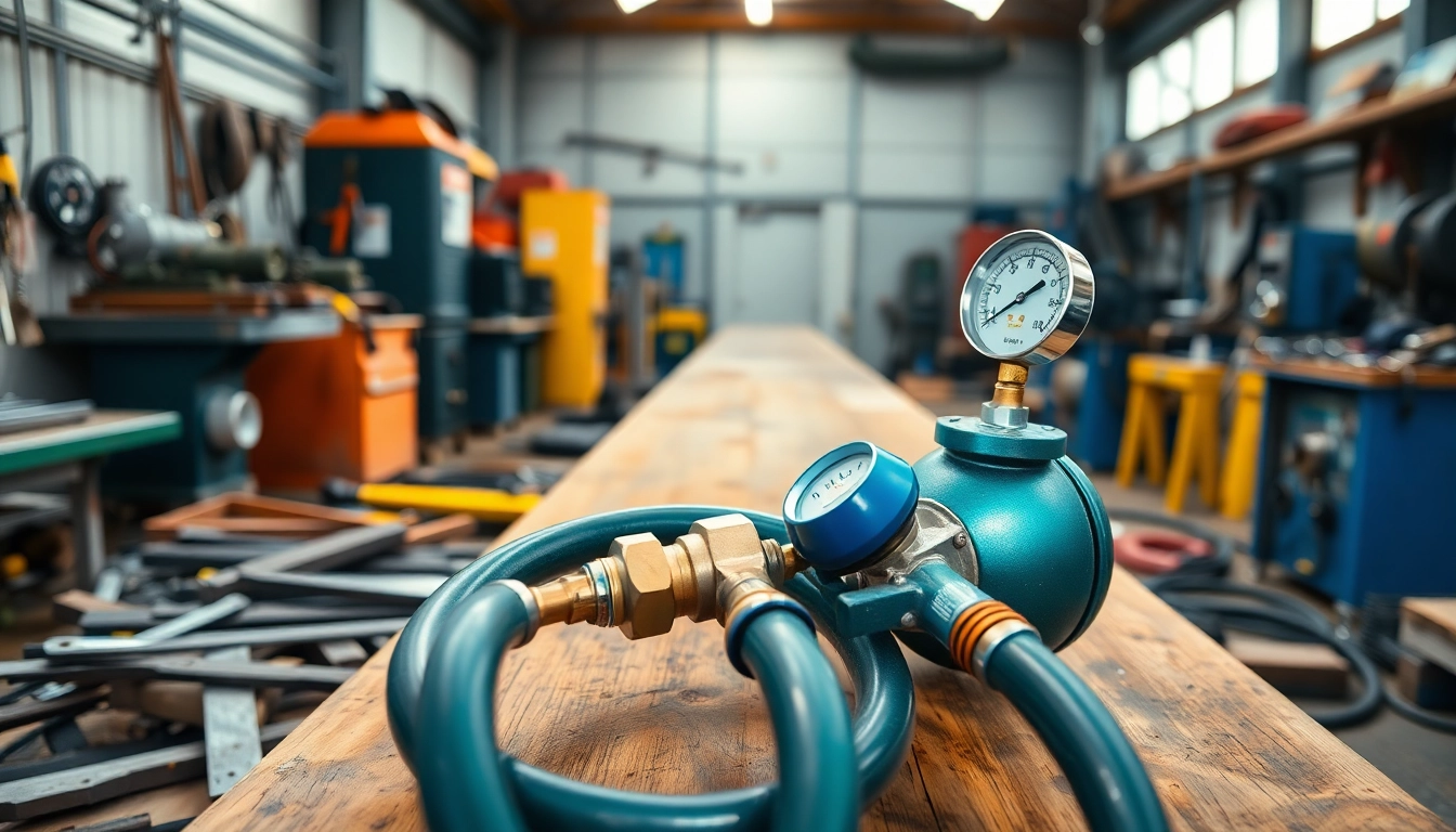 Showcase of an oxy acetylene welding kit with detailed hoses and gauges in a workshop
