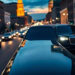 Macon transportation with a luxury limo on vibrant city streets at dusk.