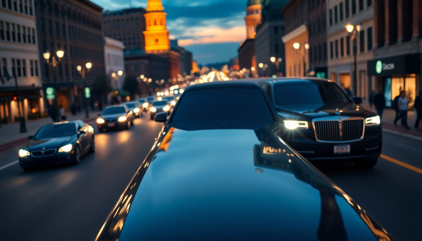Macon transportation with a luxury limo on vibrant city streets at dusk.