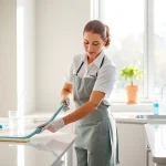 Efficient bond cleaning Brisbane with a professional cleaner in a modern apartment.