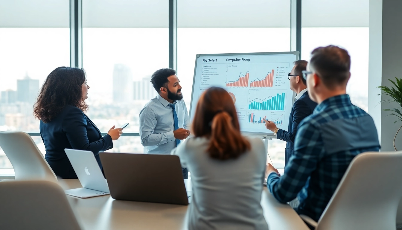 Analyze competitor pricing research data in a professional modern office with a diverse team.