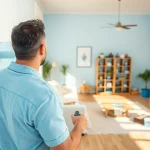 Painter meticulously executing drywall painting in a bright living room, showcasing technique and color.