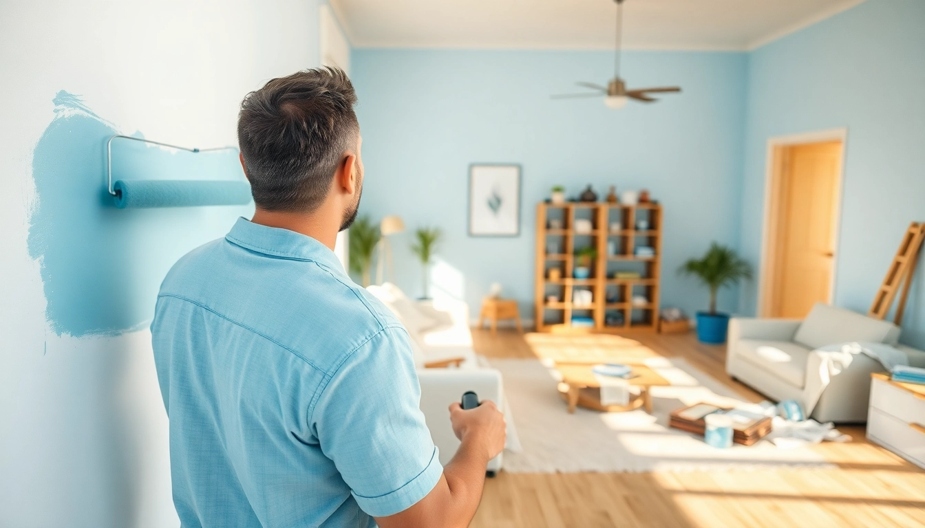 Painter meticulously executing drywall painting in a bright living room, showcasing technique and color.