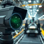 Machine vision system inspecting products on an assembly line in a bright industrial environment.