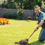 Dog poop cleaning service technician expertly maintaining a clean yard, showcasing professionalism and care.