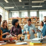 Medizinstudium ohne NC: Studierende arbeiten gemeinsam in einem modernen Hörsaal.