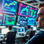 Engaged trader examining graphs and trade futures data on multiple screens in a financial setting.