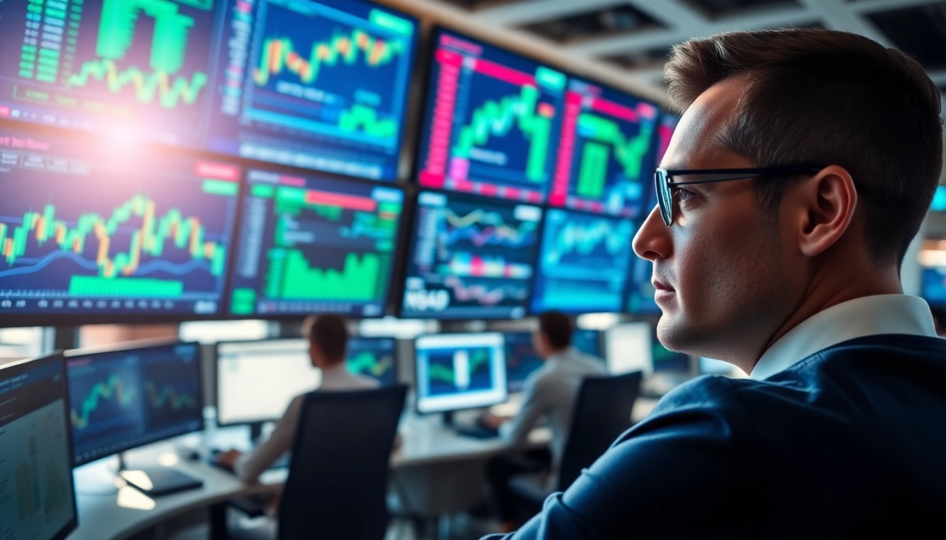 Engaged trader examining graphs and trade futures data on multiple screens in a financial setting.