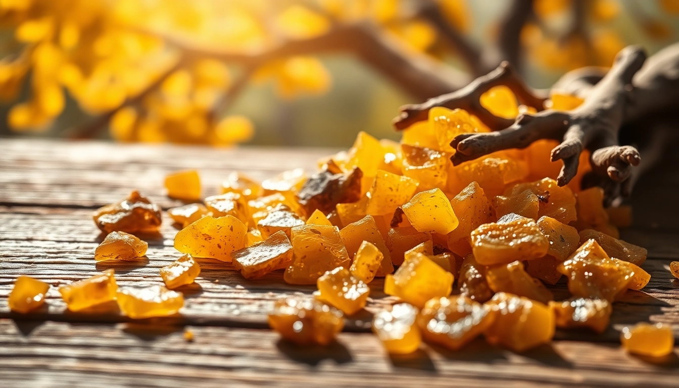 Myrrhe resin displayed beautifully on wood, showcasing its authenticity and texture.