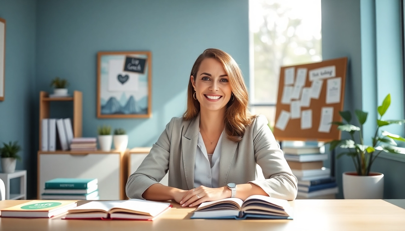 Engaging life coaching certification session, showing a professional life coach in a warm, inviting office.