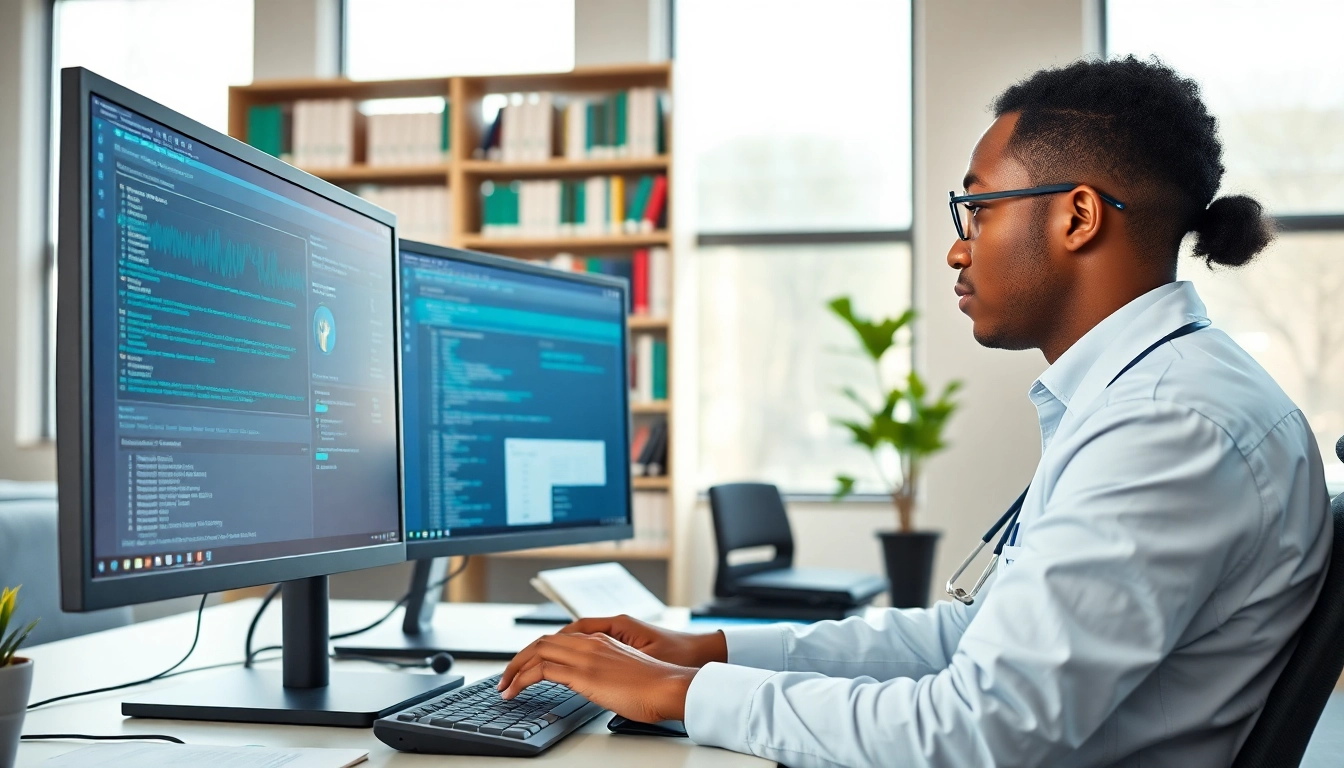 Explore the medical coding certification cost while a professional coder analyzes data on dual monitors.